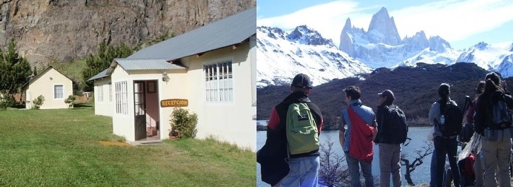 Front of Hotel Piedras Blancas in El Chaltén and two hikers facing the snowy peaks